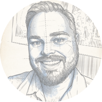 A detailed hand-drawn sketch of a person's face with blue eyes, short hair, and a beard, featuring artistic shading and background elements.

Description generated by AI